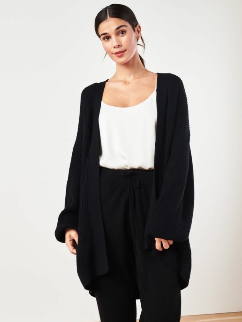 Quince Cardigan Black Organic Cotton Oversized Open Front Ribbed